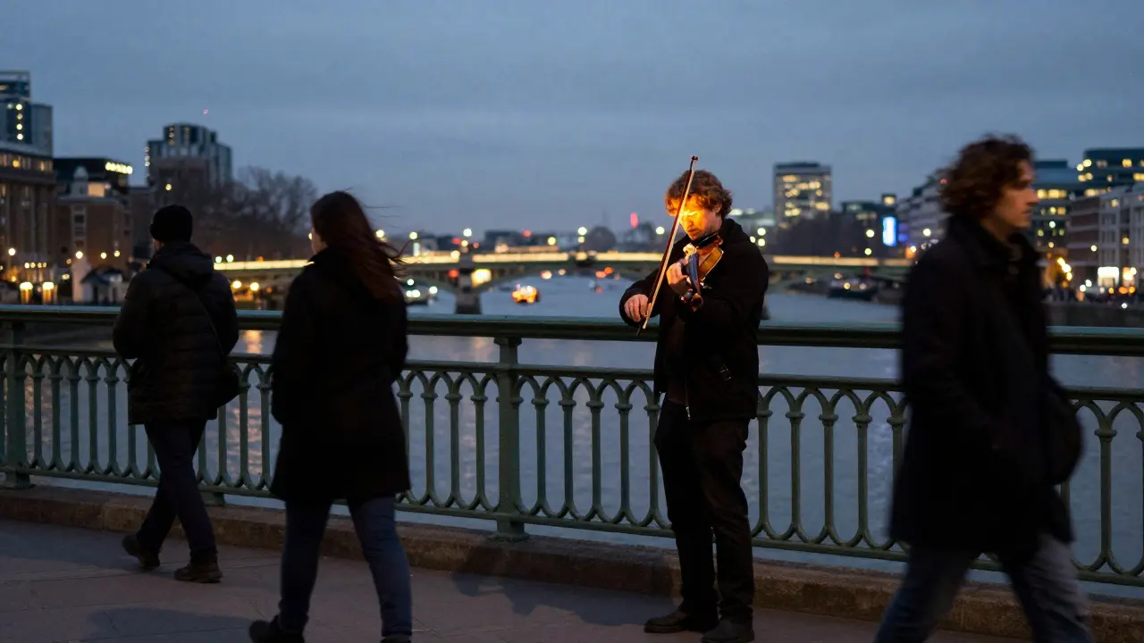 A violinist playing on Blackfriars Bridge as commuters pass by at dusk.