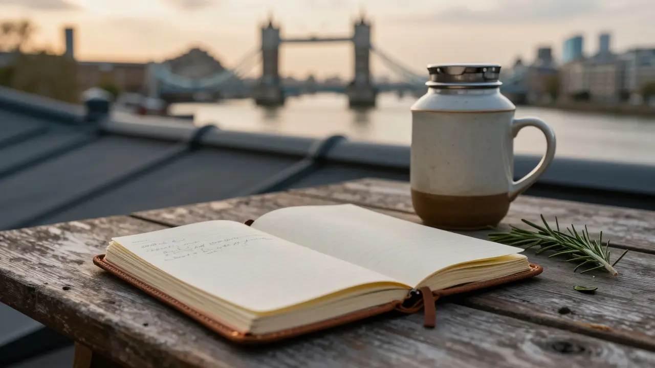 A weathered notebook and steaming thermos rest on a rooftop table with scattered rosemary leaves, soft sunset glow in background.