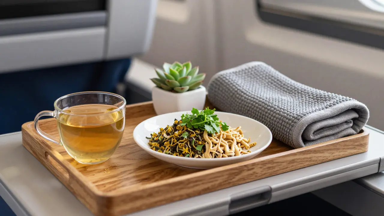 A wellness in-flight meal with herbal tea, plant-based food, and a small plant on a wooden tray.