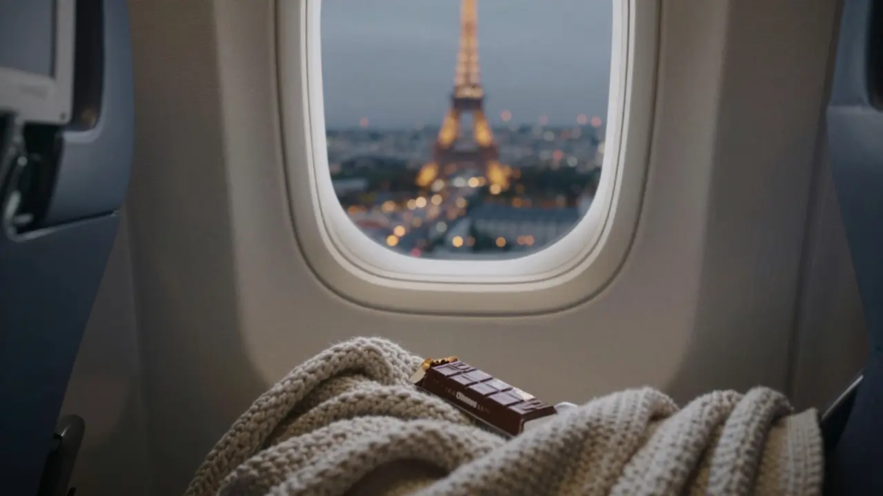 A window seat on a flight with a shared blanket and Paris skyline visible outside.