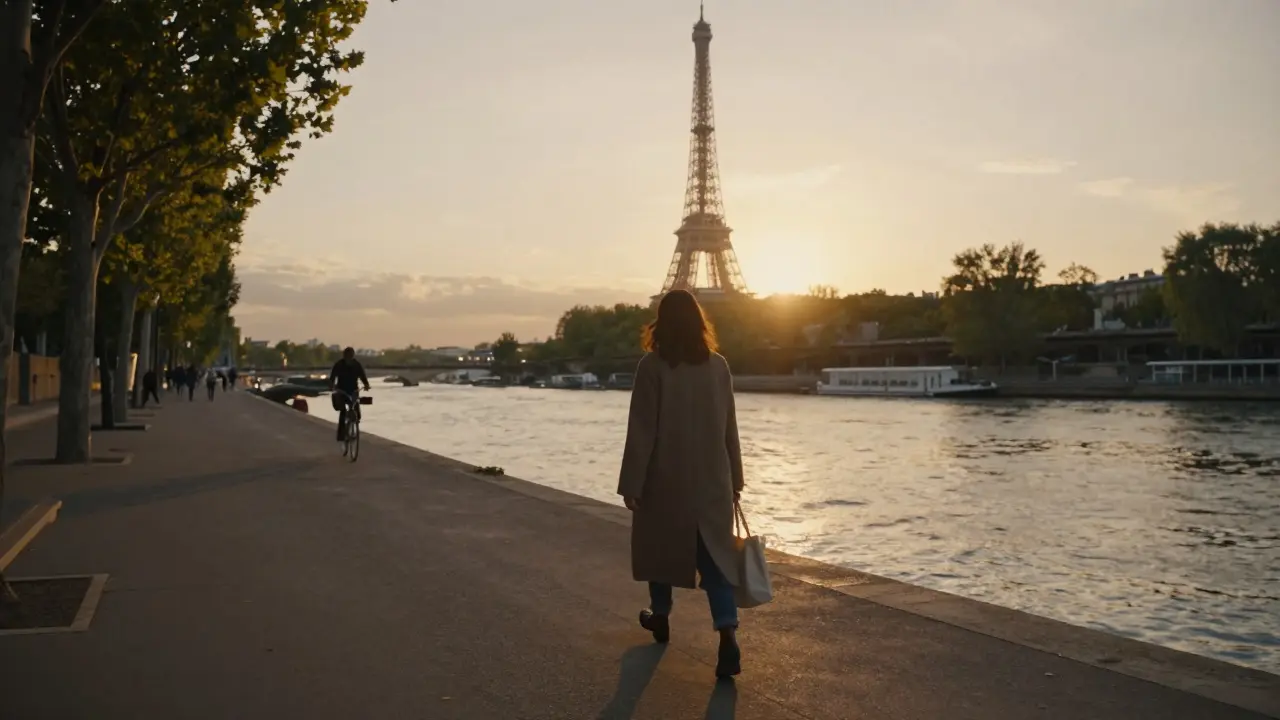 A woman walking along the Seine at sunset with the Eiffel Tower in the distance.