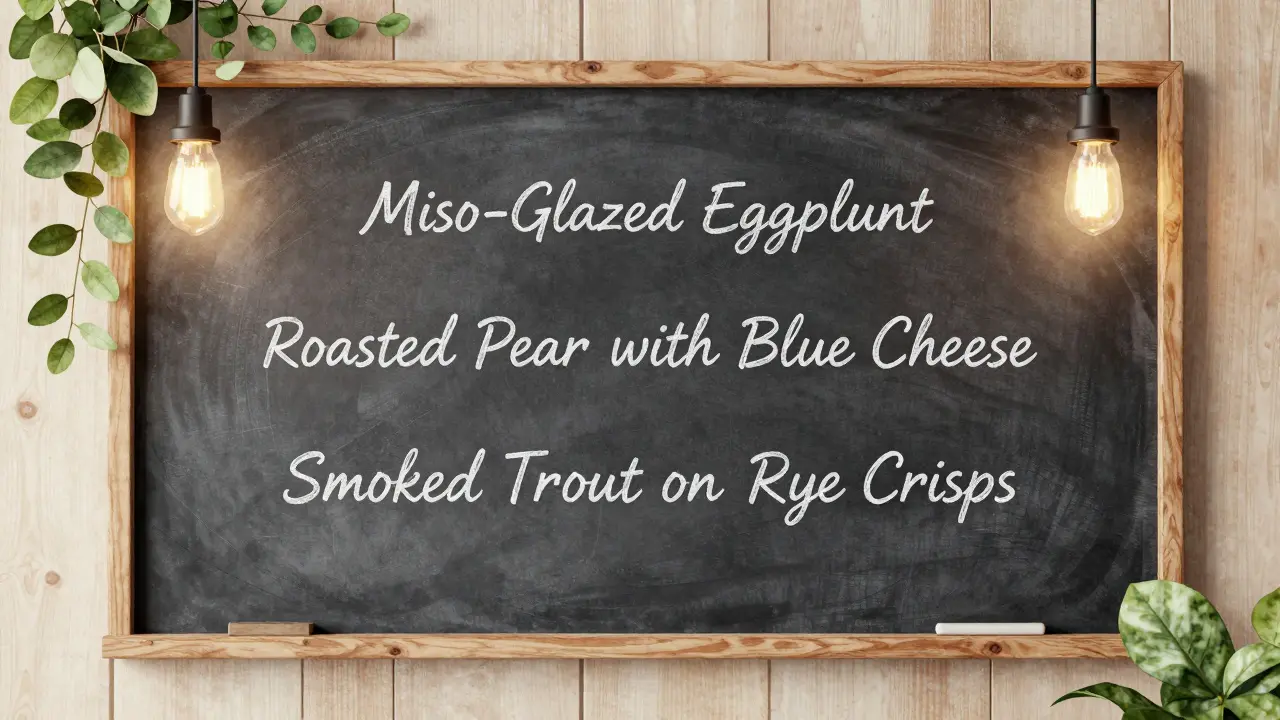 A wooden wall with a chalkboard listing seasonal spa dishes in elegant script.