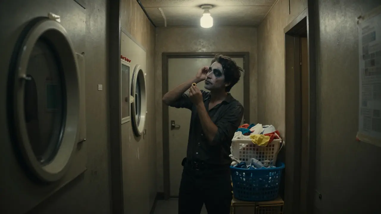Actor applying makeup in a dim corridor beside a laundrette.
