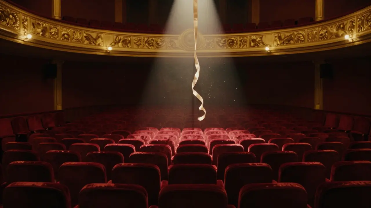 An empty, dimly lit theater with golden lights reflecting on red velvet seats before a show.