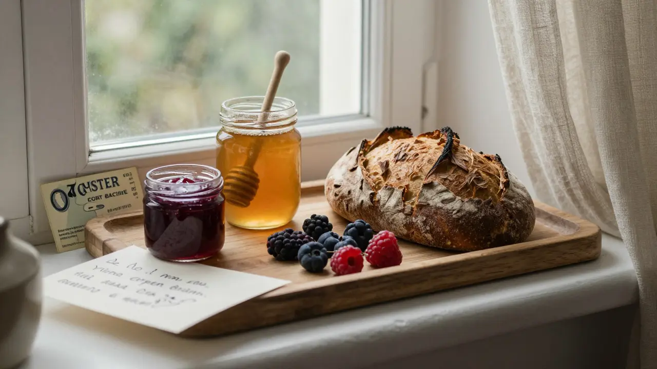 Artisanal breakfast with sourdough, honey, and fresh fruit on wooden tray