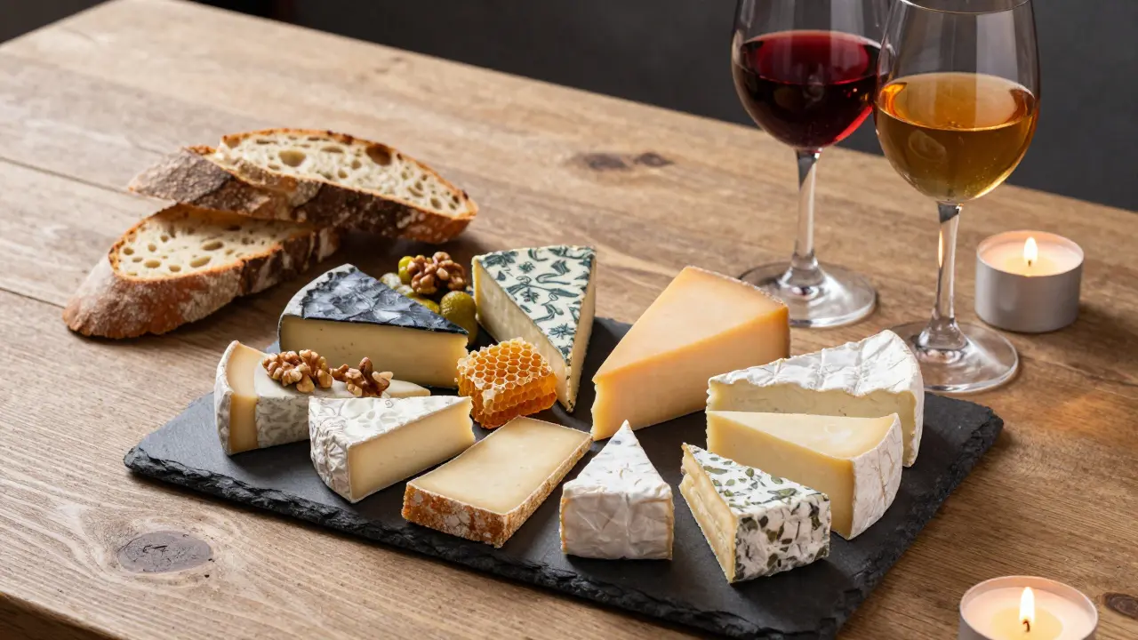 Artisanal cheese board with local varieties, honeycomb, and wine glasses