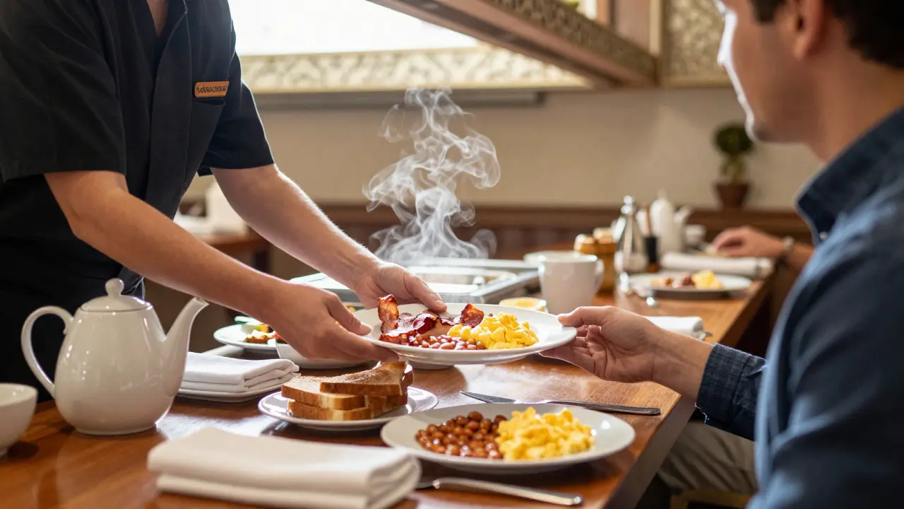Breakfast buffet with eggs, bacon, and tea served by friendly staff