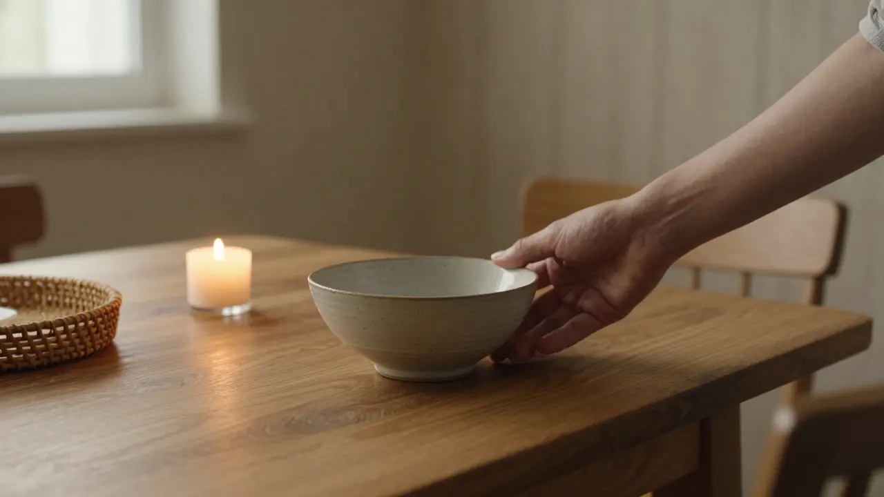 Candlelit dining table with wooden bowl and textured wallpaper in soft tones.