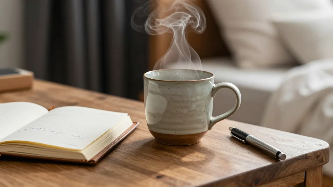 Ceramic mug with steam beside an open notebook on a wooden desk.