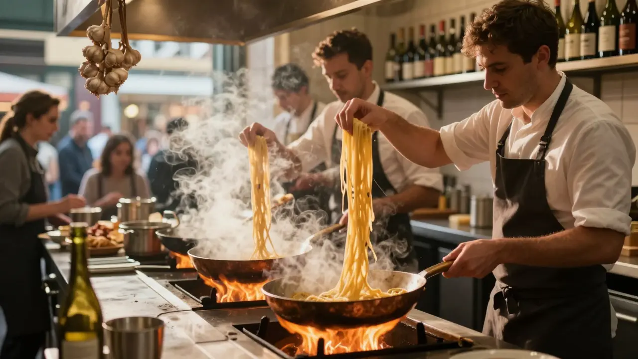 Chefs tossing pasta in an open kitchen with wine bottles in background