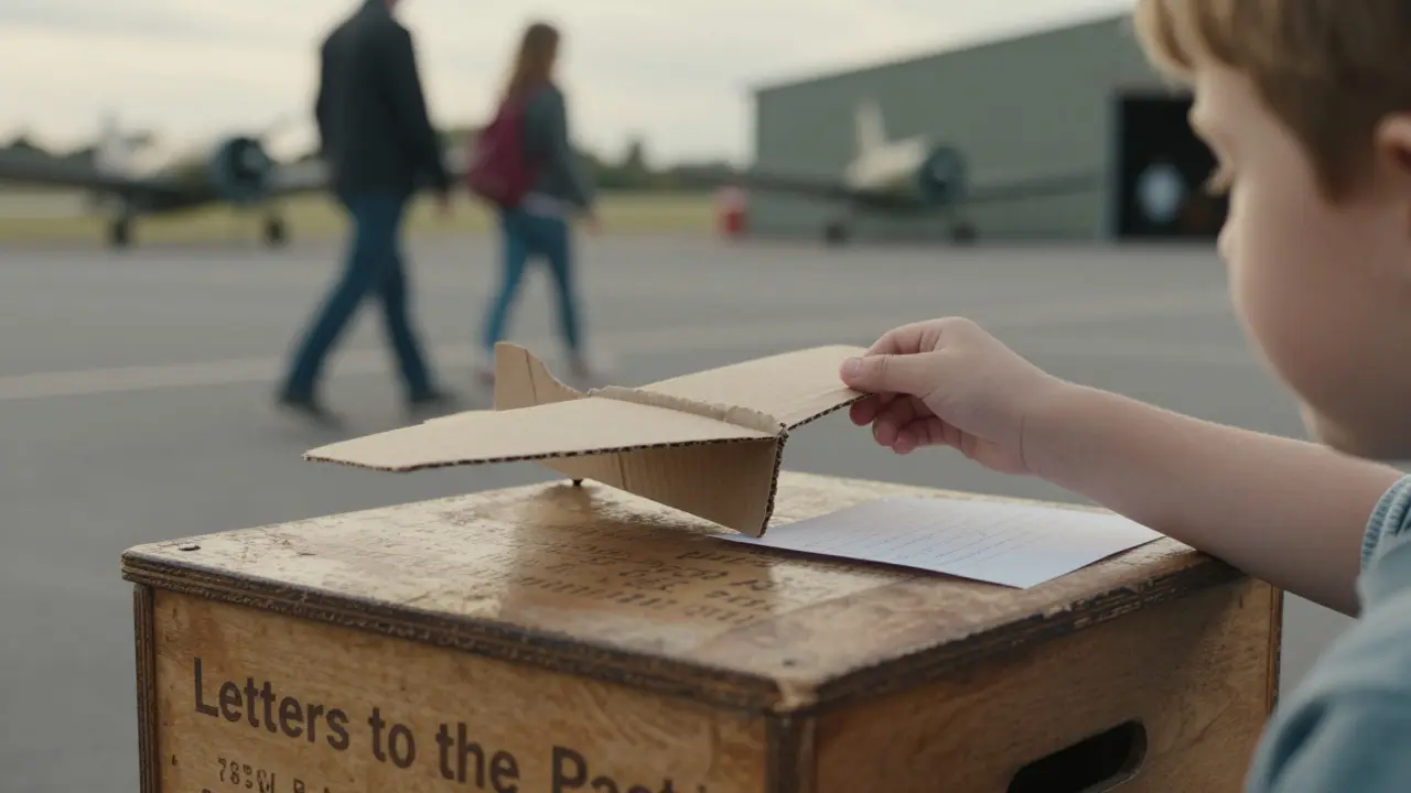 Child's hand placing a paper plane into a wooden 'Letters to the Past' box