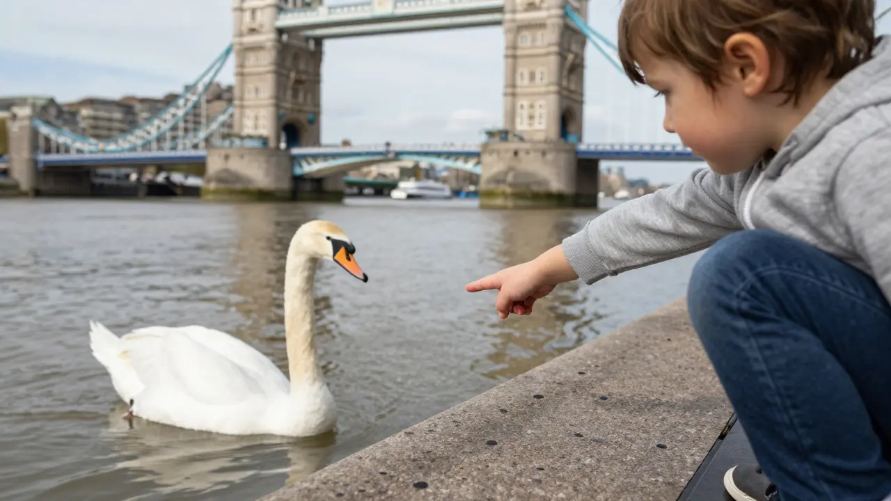Child pointing at a swan on the Thames near Tower Bridge.