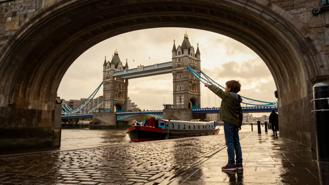 Child pointing at barge under bridge arch, city lights glowing in evening sky