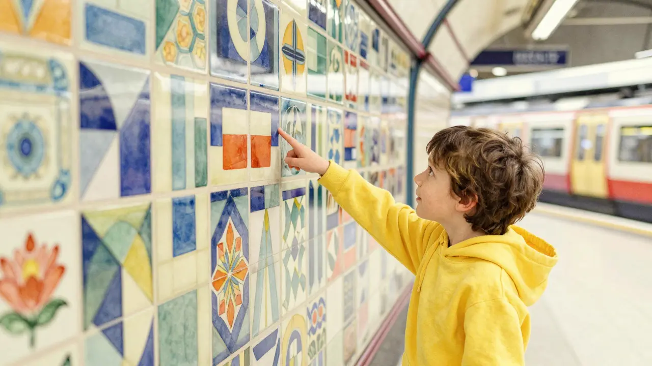 Child pointing at vibrant tile patterns at Highbury &amp; Islington station.