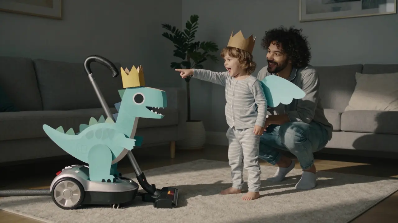 Child pretending vacuum cleaner is a robot dinosaur with cardboard crown.
