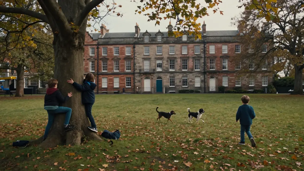 Children playing in a Glasgow park with historic tenement building nearby