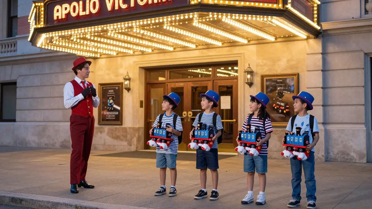 Children smiling with plush trains after the show, posing with a costumed performer outside the theatre.
