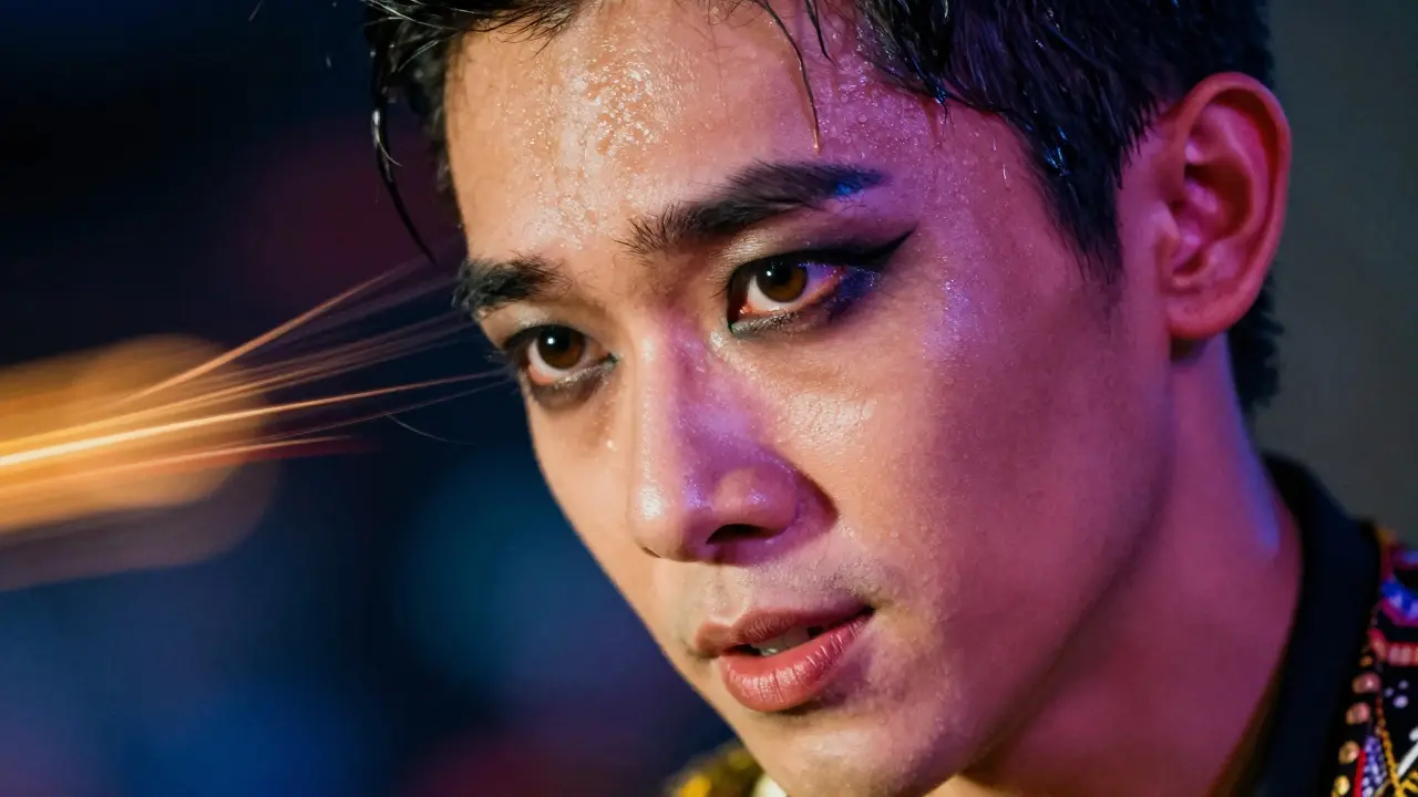 Close-up of a performer's focused face with sweat and stage lights in background