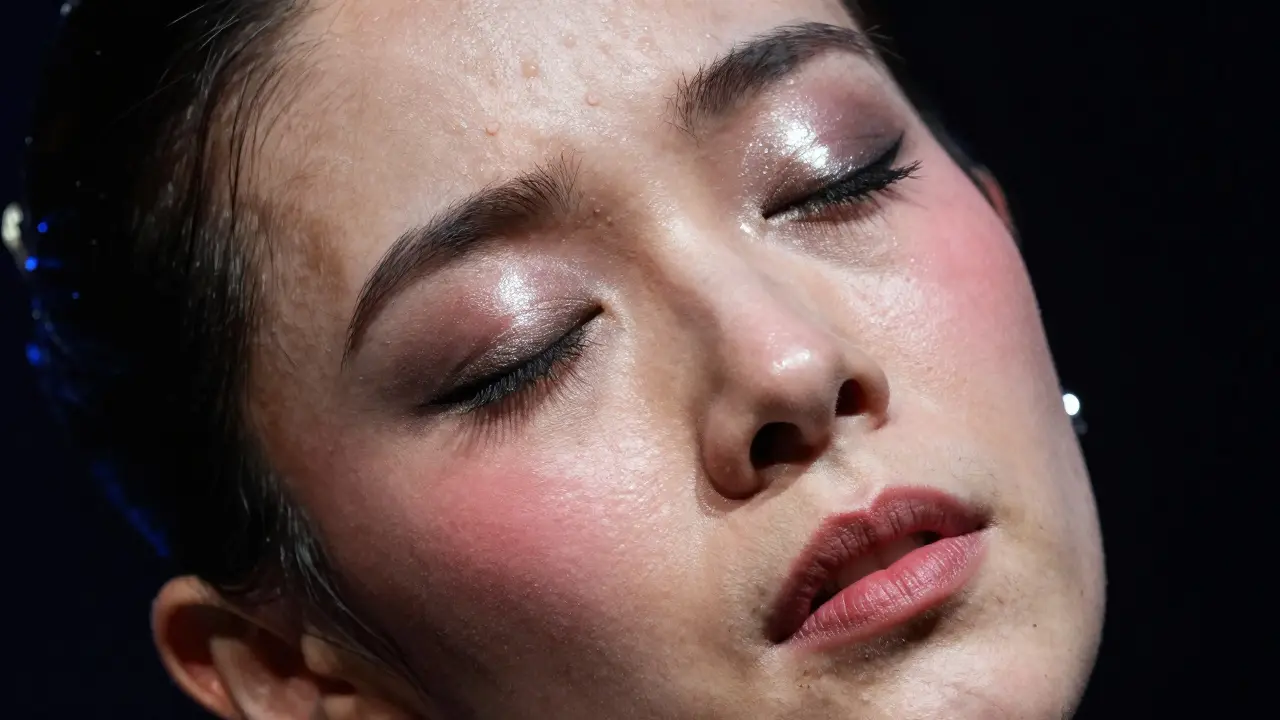 Close-up of a performer’s face with sweat and metallic makeup under dramatic light.