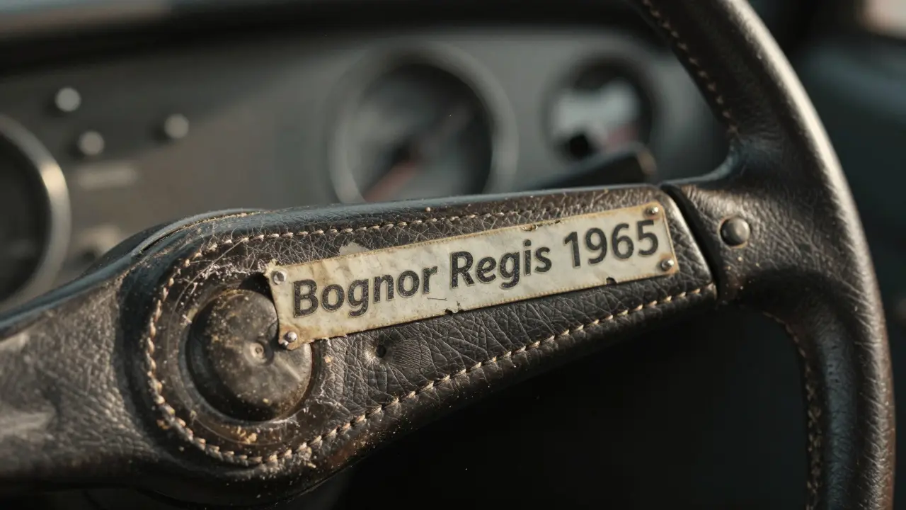 Close-up of a weathered leather steering wheel with a faded seaside resort sticker.