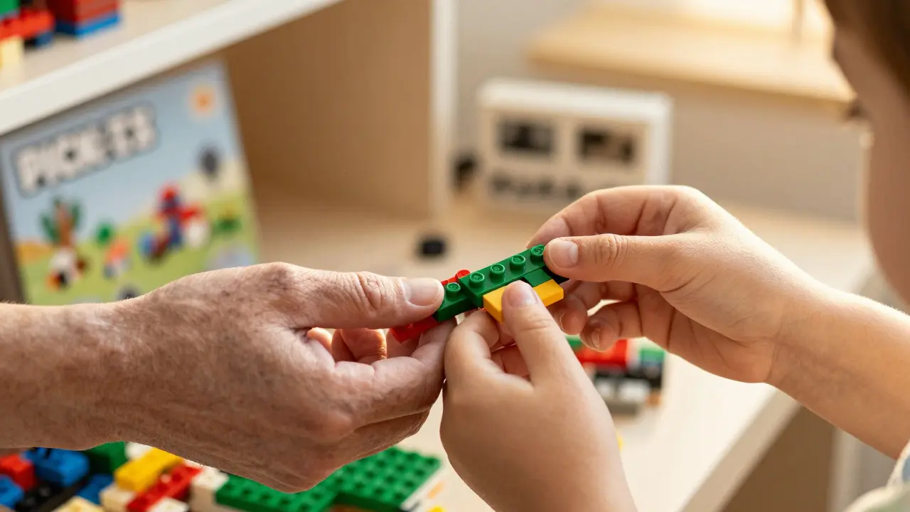 Close-up of adult and child hands snapping colorful Lego bricks in sunlit corner