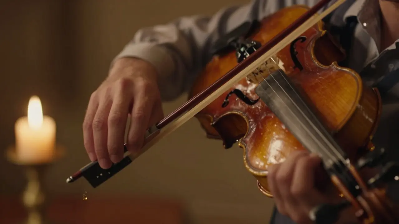 Close-up of violinist&#039;s hands with candlelight reflecting on the bow and strings.