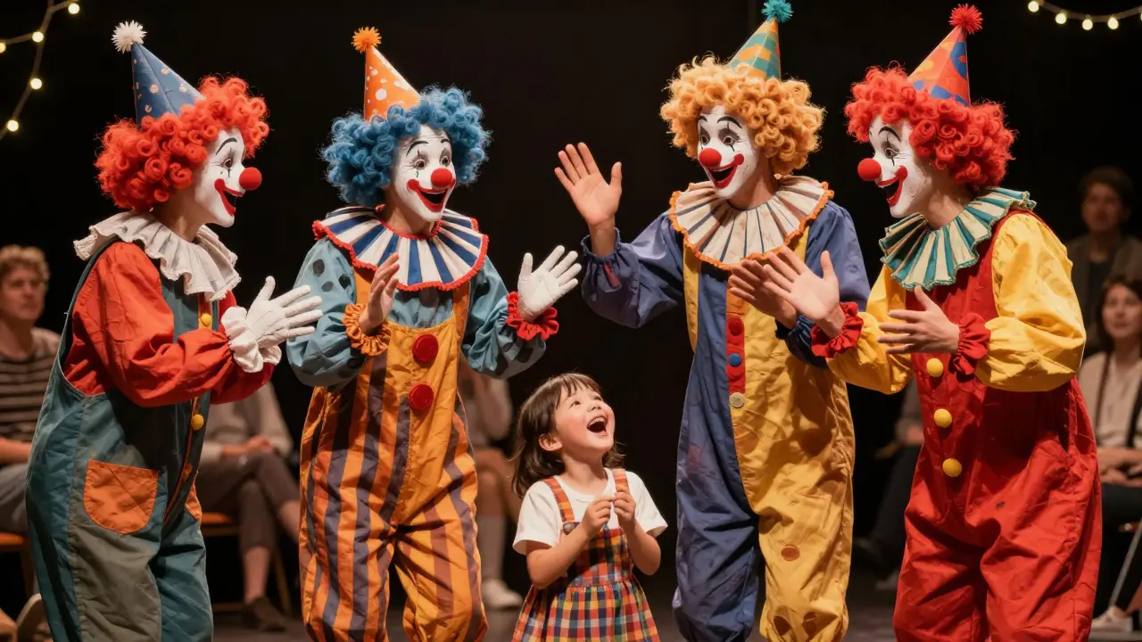 Colorful clowns laughing with a child in the audience under warm stage lights.