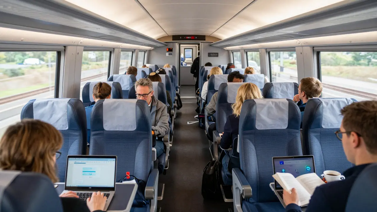 Comfortable Eurostar train interior with passengers using devices and enjoying the ride.