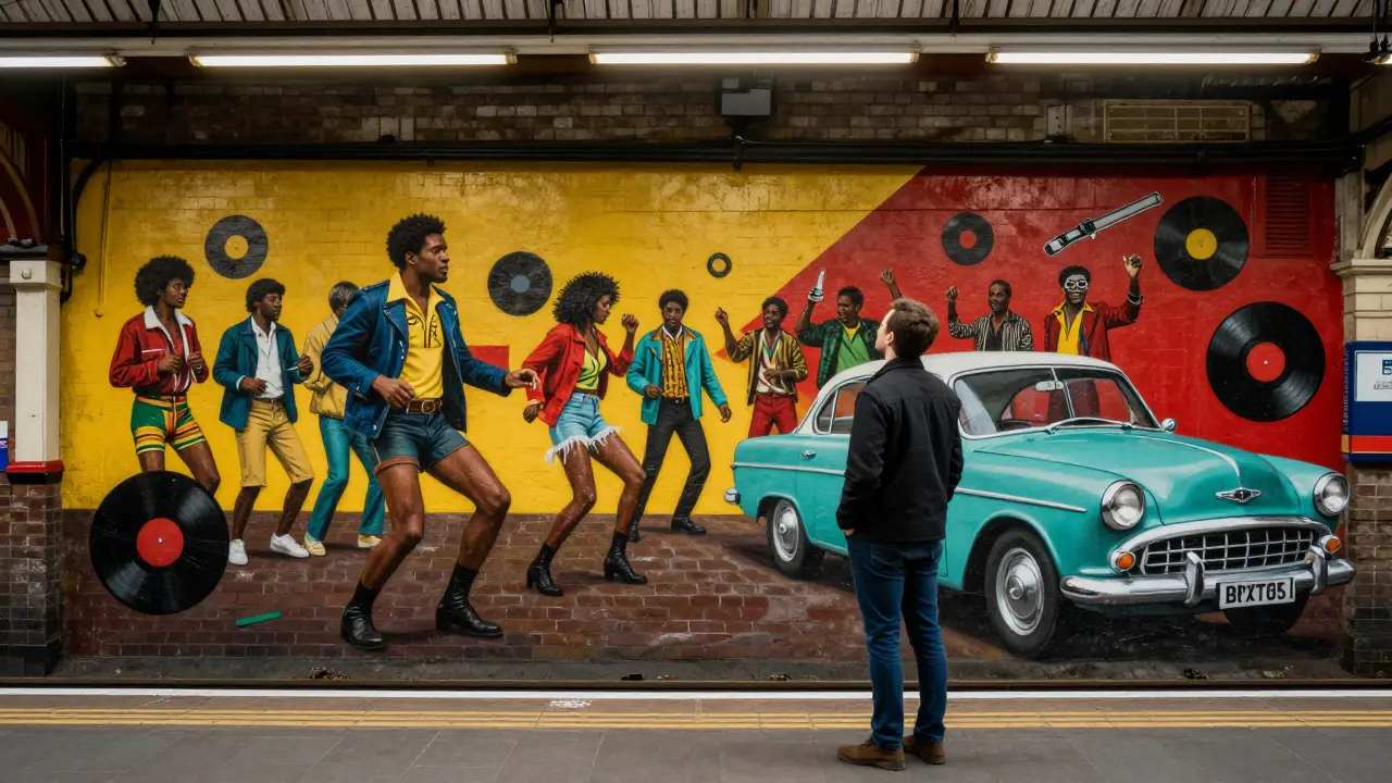 Commuter gazing at a large reggae-themed mural at Brixton station during daylight.