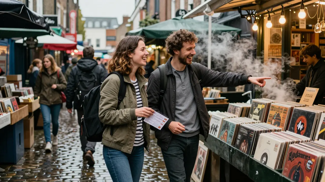Couple laughing in Camden Market, backpacks, no suitcases, rainy street behind