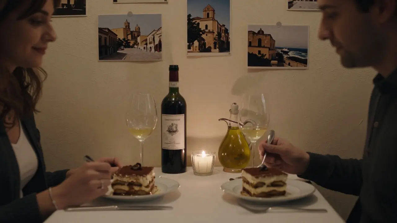 Couple sharing tiramisu under candlelight in a warm Italian restaurant