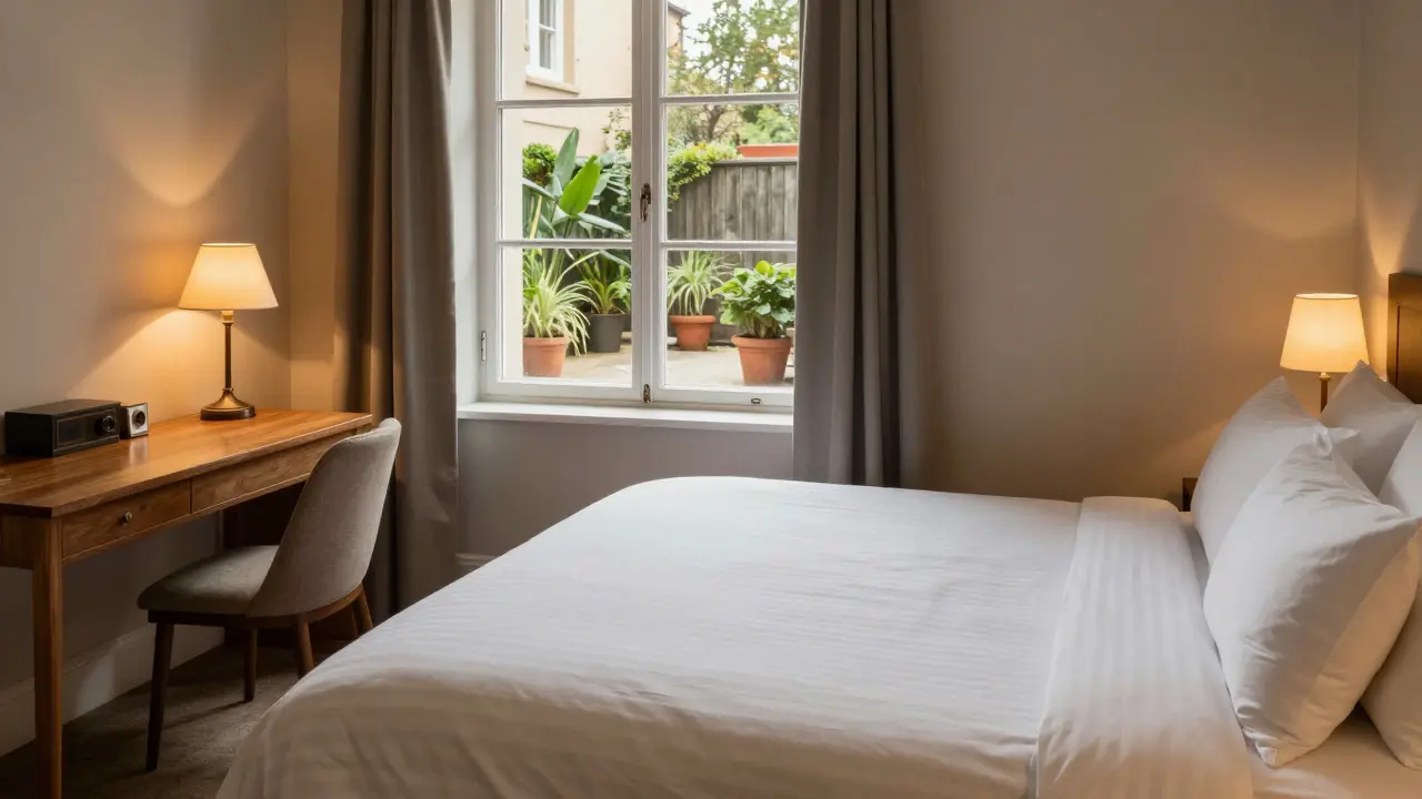 Cozy hotel room with plush bed, wooden desk, and courtyard view