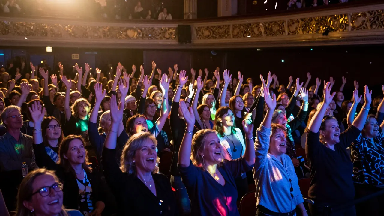 Crowd in theater with raised hands, smiling under colorful stage lights.