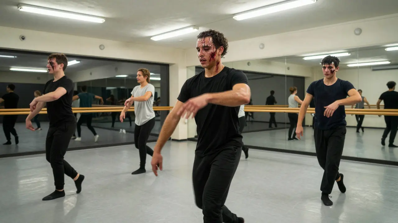 Dancers rehearsing zombie choreography in mirrored studio.