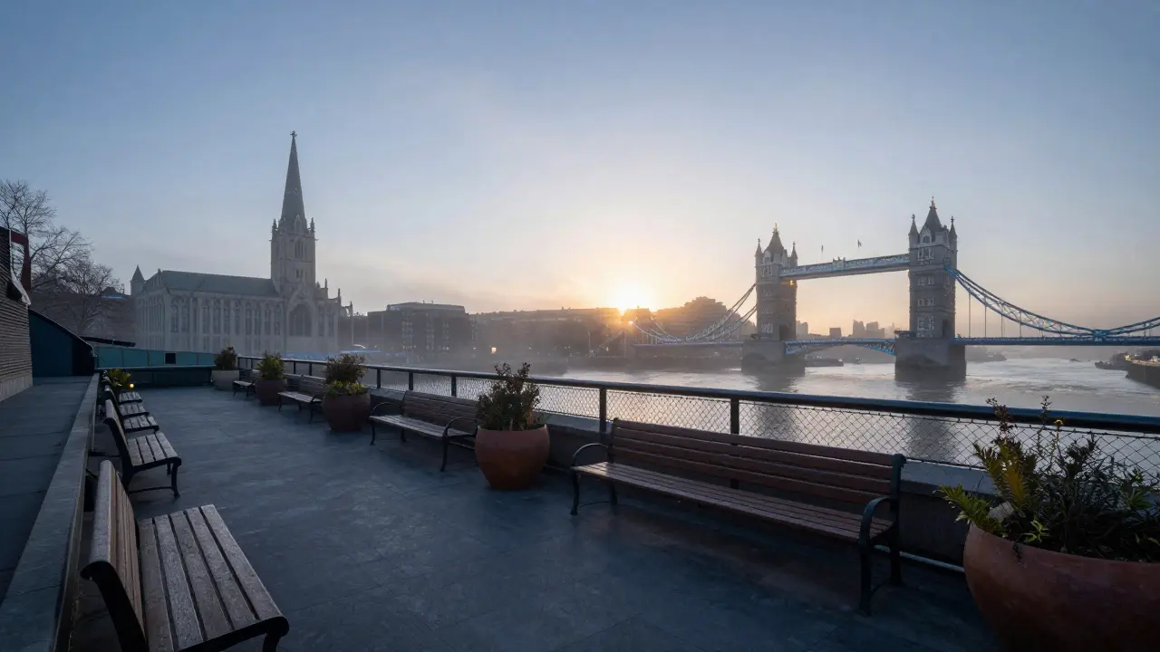 Dawn mist rises over the Thames from a quiet rooftop garden, empty benches and distant bridge silhouettes under soft morning light.
