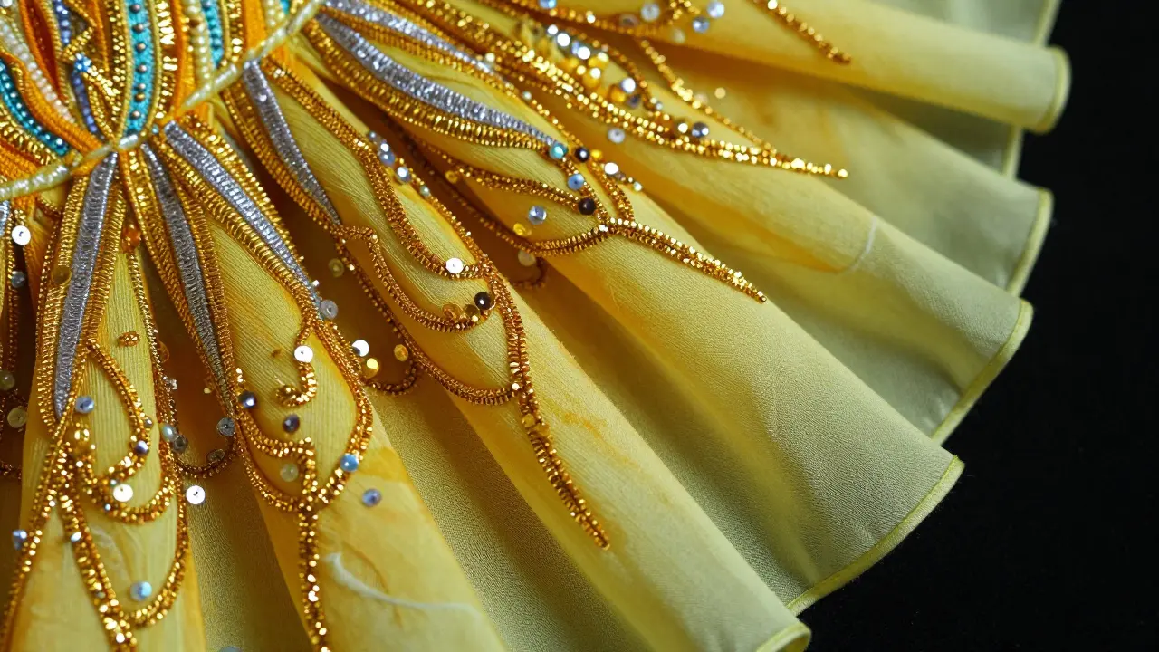 Detailed view of an ornate circus costume with gold embroidery and sequins.