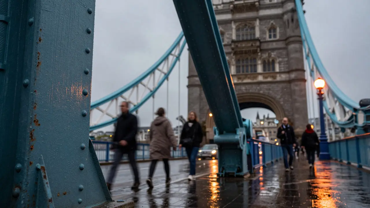 Detailed view of Tower Bridge&#039;s riveted steel structure at dusk with raindrops and warm lighting.