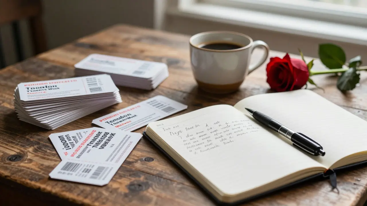 Discounted theatre tickets, coffee, and a notebook on a wooden table.