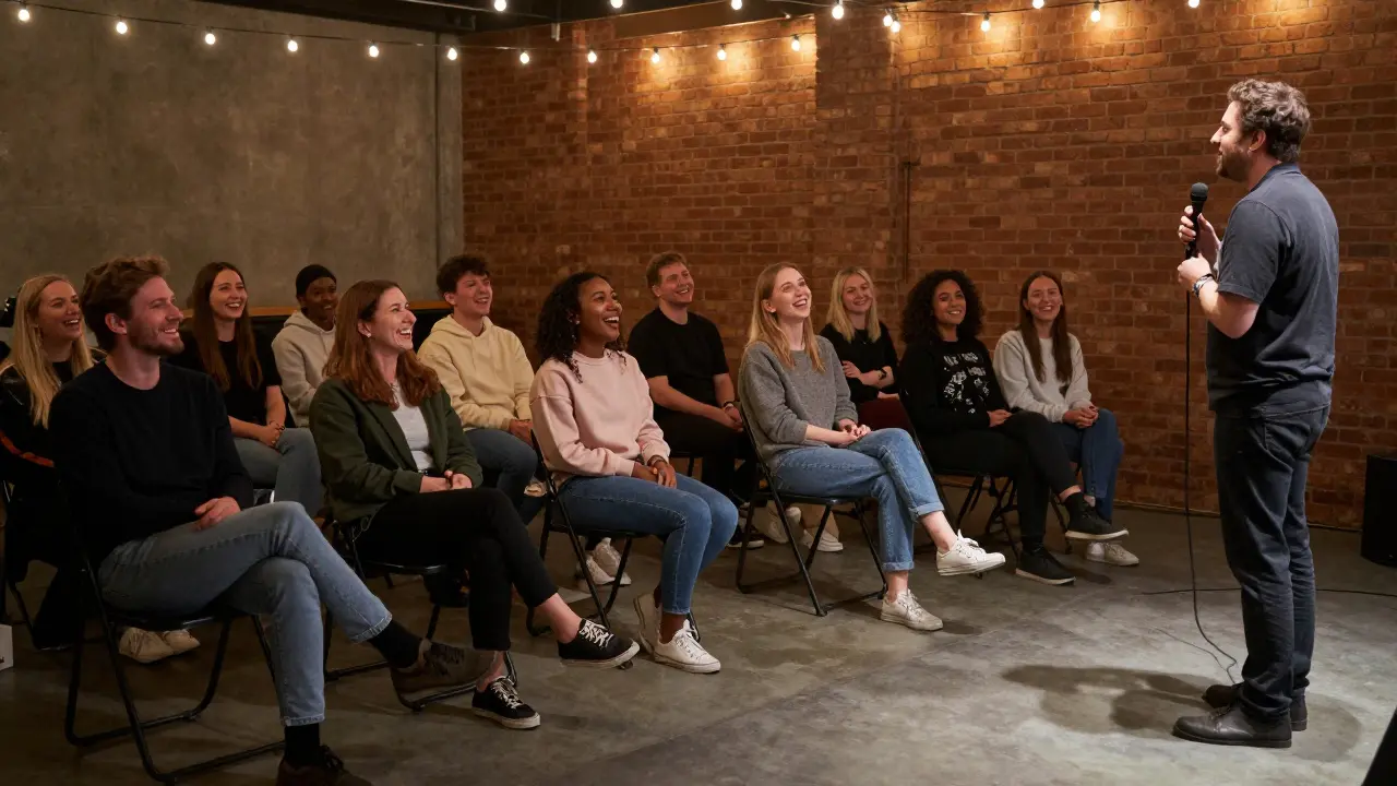 Diverse audience laughing during an intimate live performance.