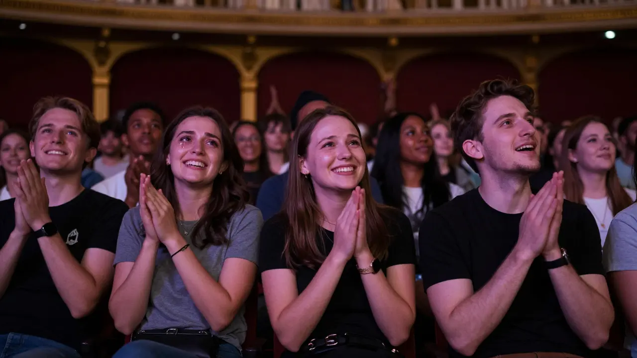 Diverse audience members smiling in awe during a Cirque du Soleil performance