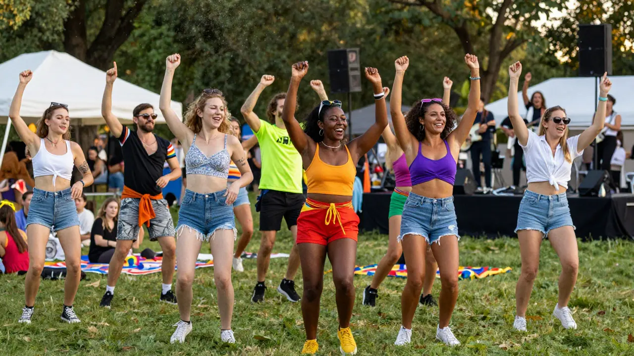 Diverse group dancing joyfully at the Pride in the Park music festival.