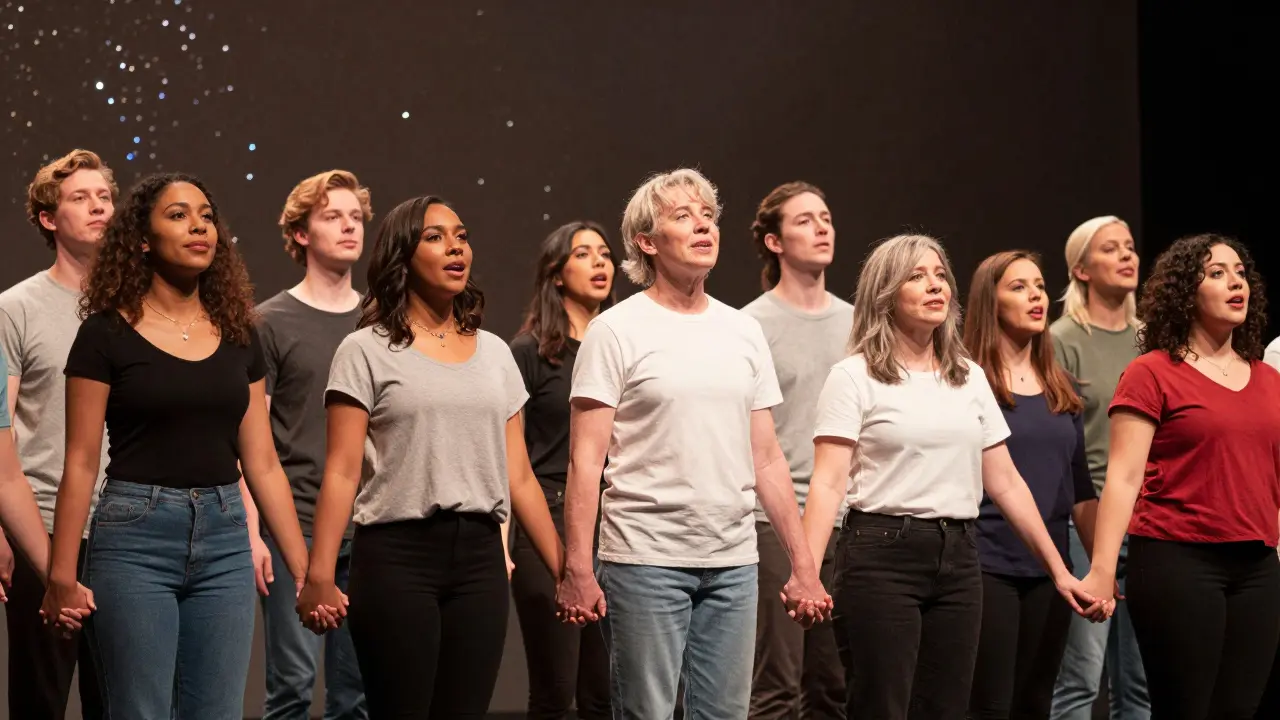 Diverse group of people holding hands on stage in unity during the final song of The Greatest Showman.