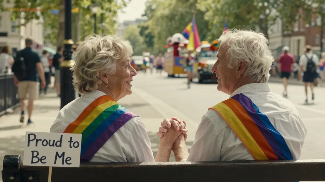 Elderly couple holding hands watching the Pride parade with pride