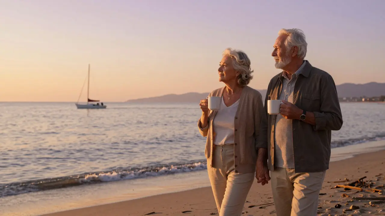 Elderly couple walking on beach at sunset holding coffee cups