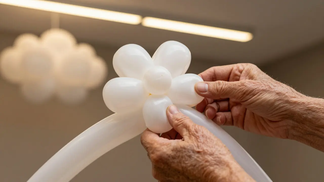 Elderly hands twisting a latex balloon into a flower shape