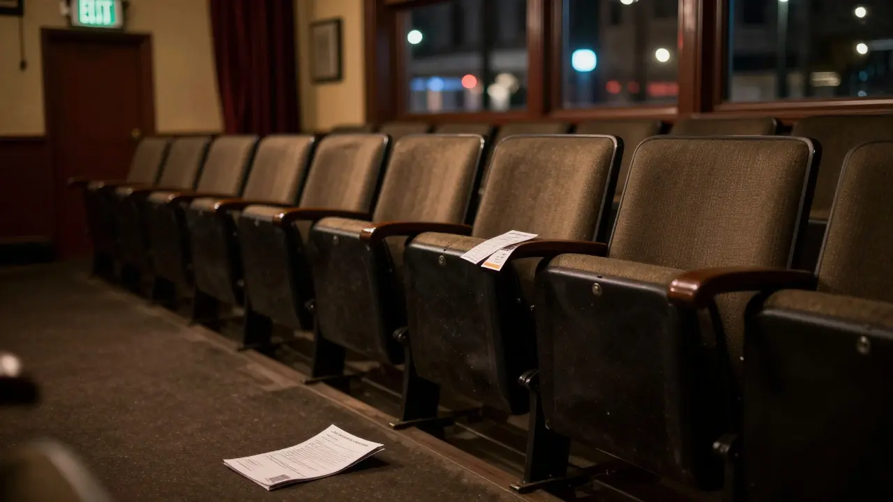 Empty theatre seats with a single ticket and program left behind after a performance.