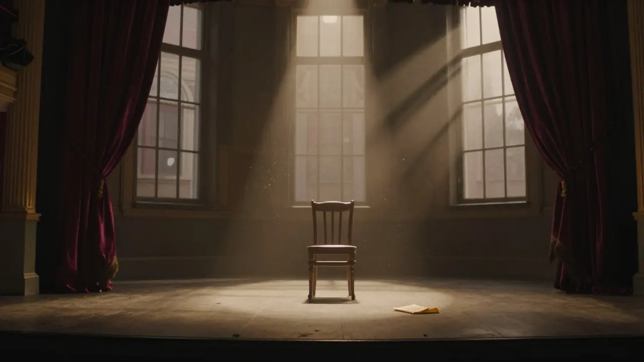 Empty theatre stage at dusk with single spotlight on chair and half-drawn curtains.