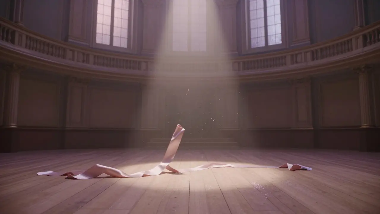 Empty theatre stage with a single spotlight and a silk ribbon lying like a ghostly curve.