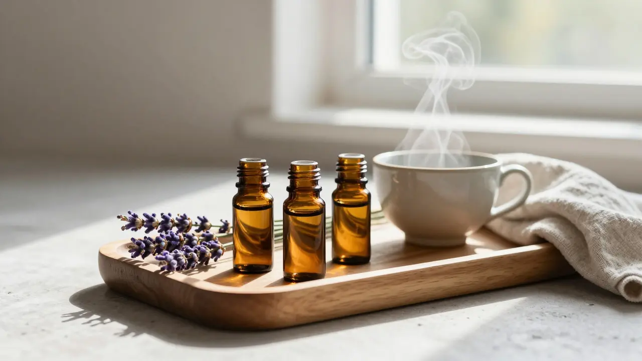 Essential oil bottles and dried lavender on a wooden tray with a teacup.