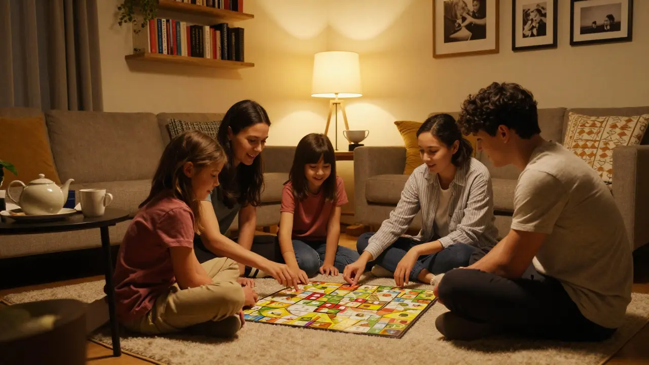 Family playing a board game together during Family Home Evening in a London flat, no screens.